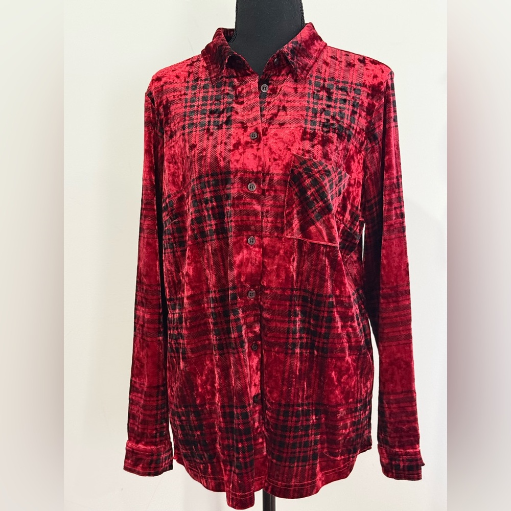 Belle Kim Gravel M Red Plaid Velvet Button-Up Shirt 862